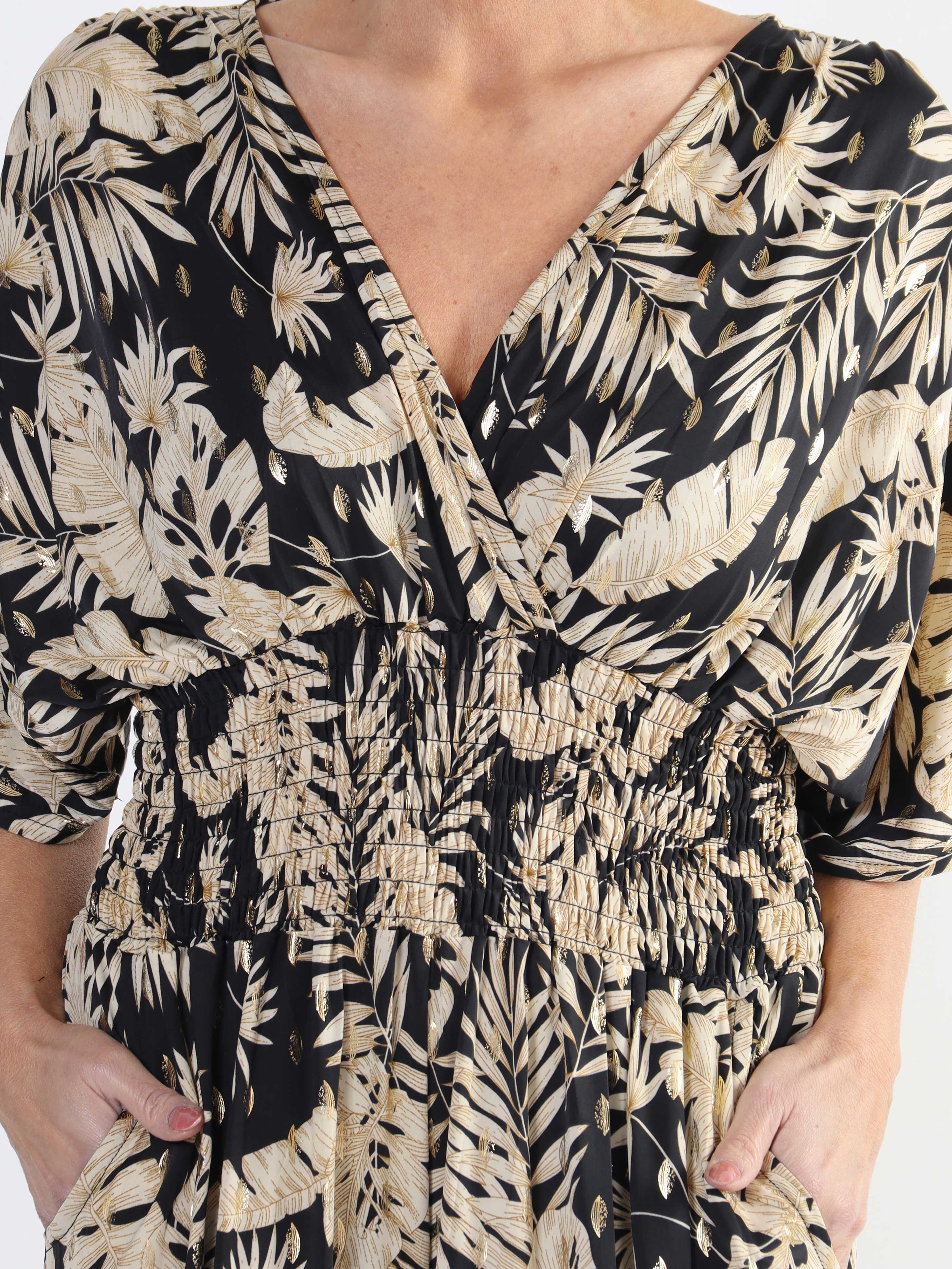 Pams Gold Leaf Jumpsuit - Jumpsuit med resår och bladmönster i stora storlekar - Green